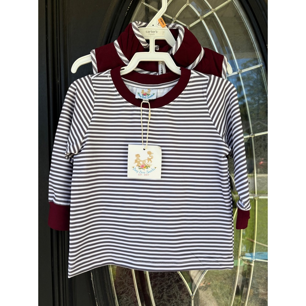 Busy Bees Smocks Burgundy White Grey Striped Top and Quilted Vest Set 18M NEW